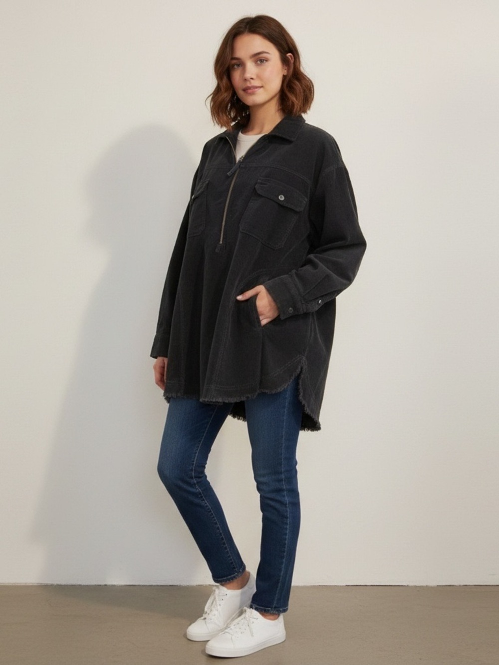 OFFLINE by Aerie Black 1/4 Zip Oversize Jacket Shirt Frayed Hem Pockets Size M